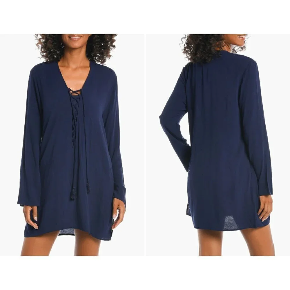New La Blanca Size L V-Neck Cover-Up Tunic Dress Pockets tassel trim Navy Blue